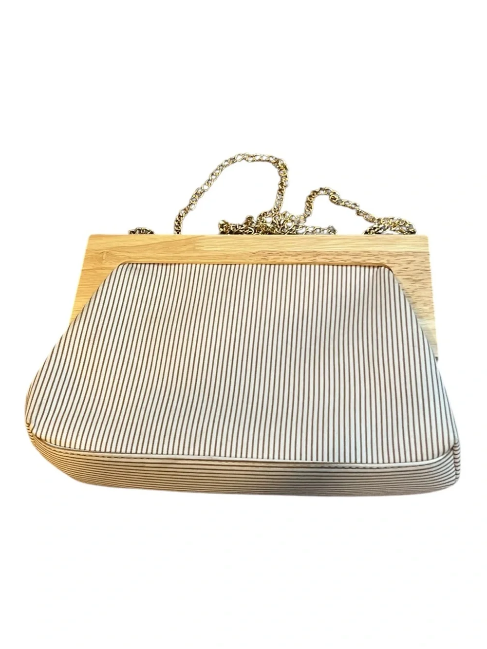 Wood Frame Canvas Crossbody Clutch Beige Tan Striped Removable Chain